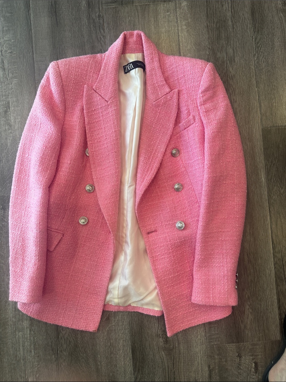 Zara Bubblegum Pink Double-Breasted Tweed Blazer